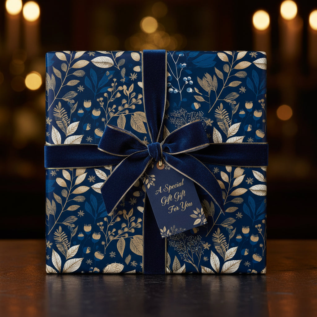 Navy blue floral wrapping paper with gold accents, velvet ribbon, and gift tag for a special gift.