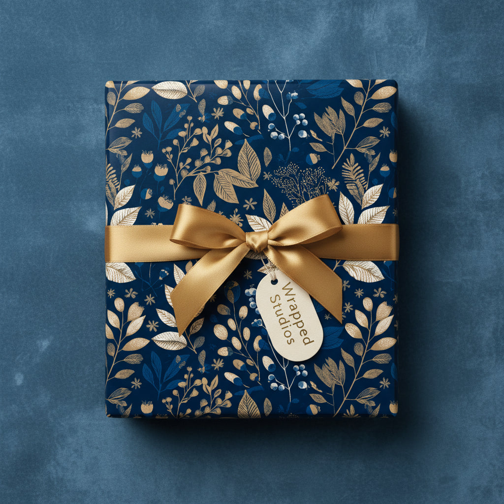 Elegant gift wrapped in navy blue floral wrapping paper, accented with a gold satin ribbon and bow.
