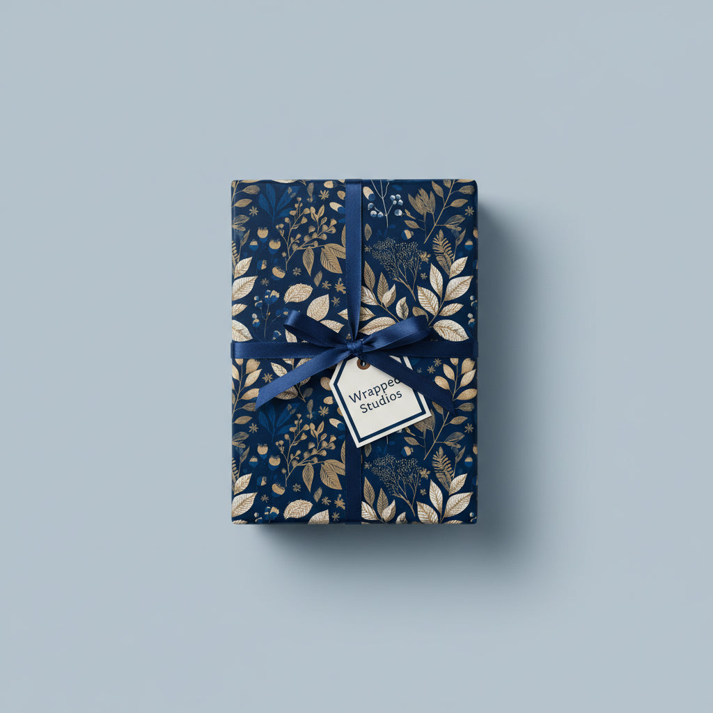 Navy and gold floral wrapping paper on a present with a blue ribbon and tag.
