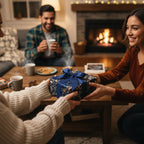 Woman exchanging a gift wrapped in elegant blue floral wrapping paper with matching ribbon bow.