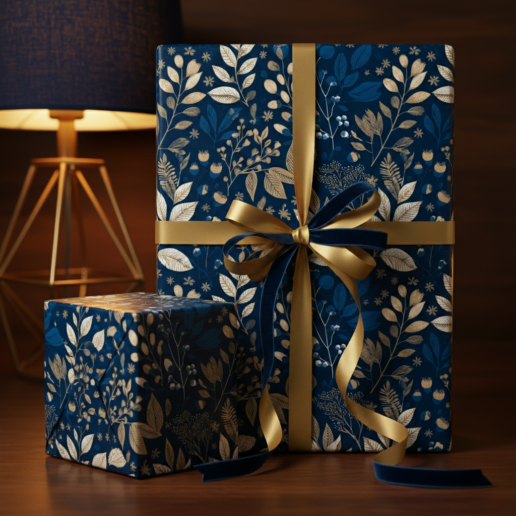 Navy blue floral wrapping paper with gold ribbon and velvet bow for elegant gifts.