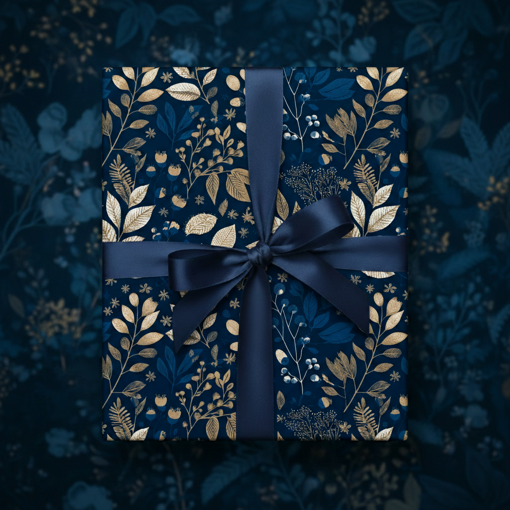 Navy floral wrapping paper on a rectangular gift box with matching satin ribbon.