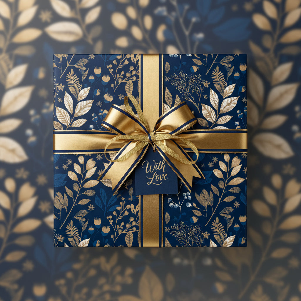 Elegant navy gift wrapped in gold floral wrapping paper, tied with a gold satin ribbon and "With Love" tag.