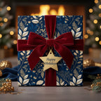 Elegant navy floral wrapping paper with red velvet ribbon and "Happy Holidays" tag.