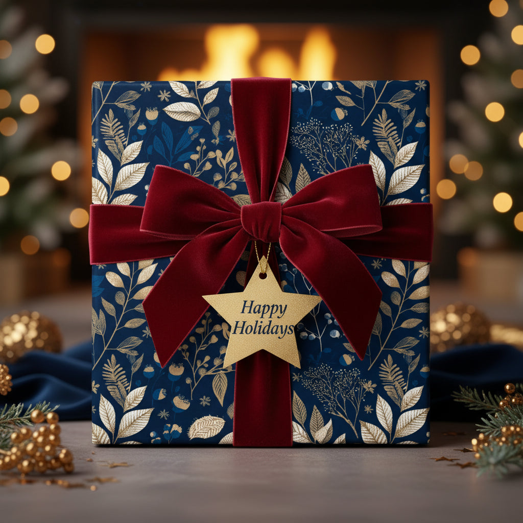 Elegant navy floral wrapping paper with red velvet ribbon and "Happy Holidays" tag.