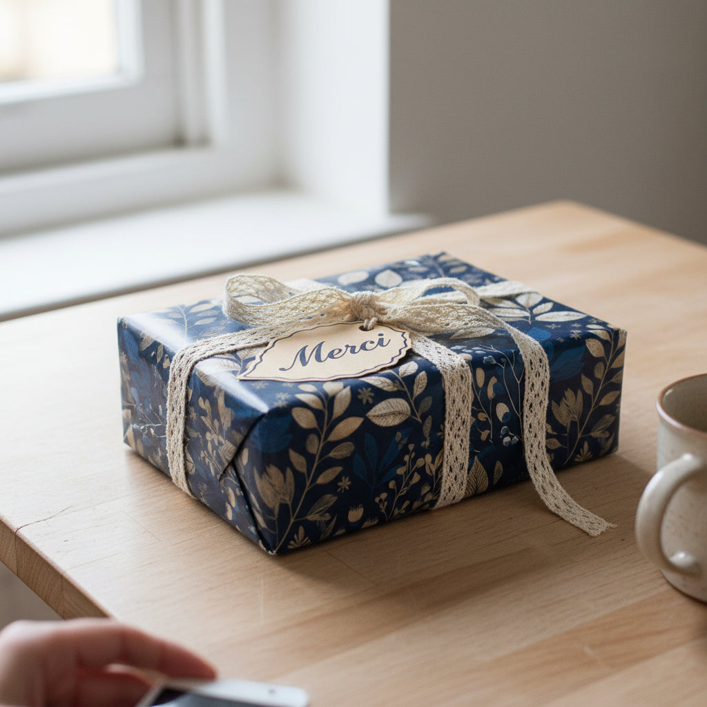 Elegant gift wrapped in navy floral wrapping paper with lace ribbon and a "Merci" tag.