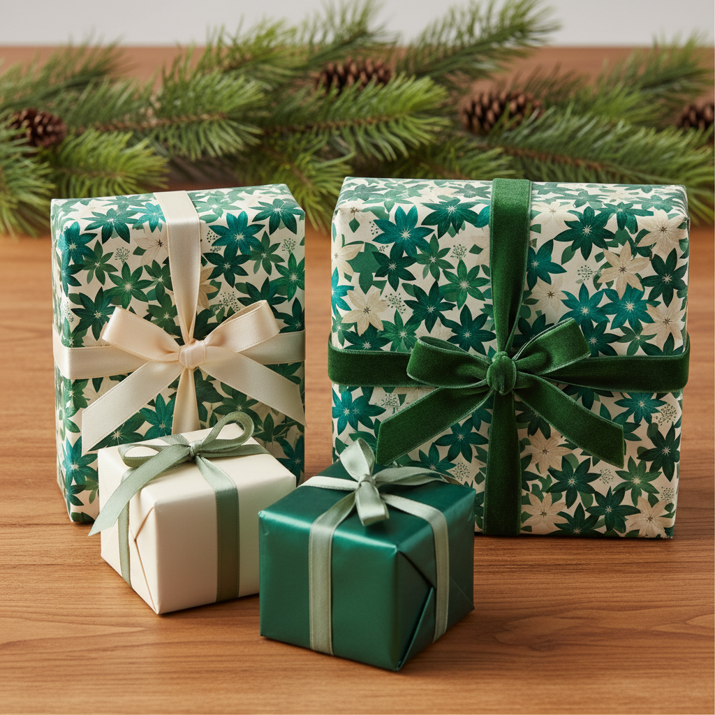 Elegant Christmas gift wrap with green floral pattern, velvet ribbons, and a rustic, festive vibe.