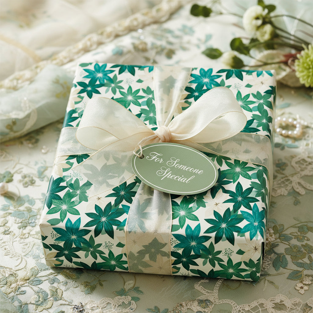 Elegant gift wrapped in green floral wrapping paper, tied with a cream ribbon and "For Someone Special" tag.