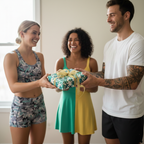 People exchanging gift wrapped in floral wrapping paper with gold ribbon.