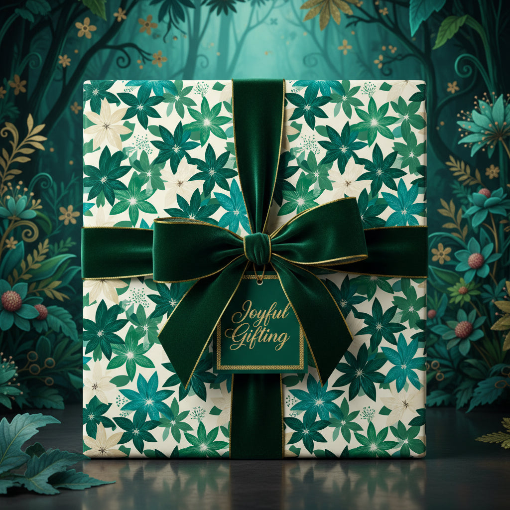 Elegant floral wrapping paper with a velvet green ribbon and "Joyful Gifting" tag for Christmas or birthday gifts.