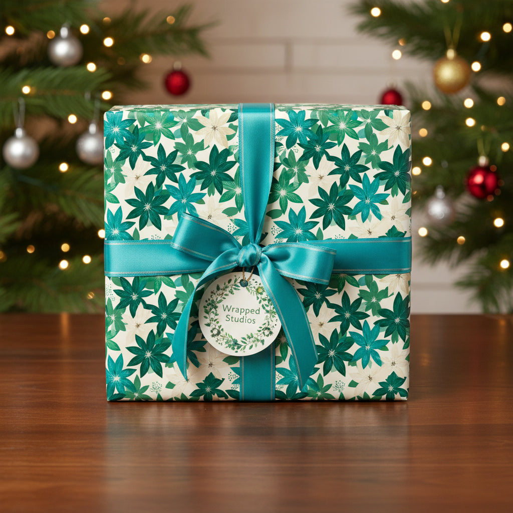Elegant Christmas gift wrapped in floral paper with a teal satin ribbon and bow, with a Christmas tree in background.