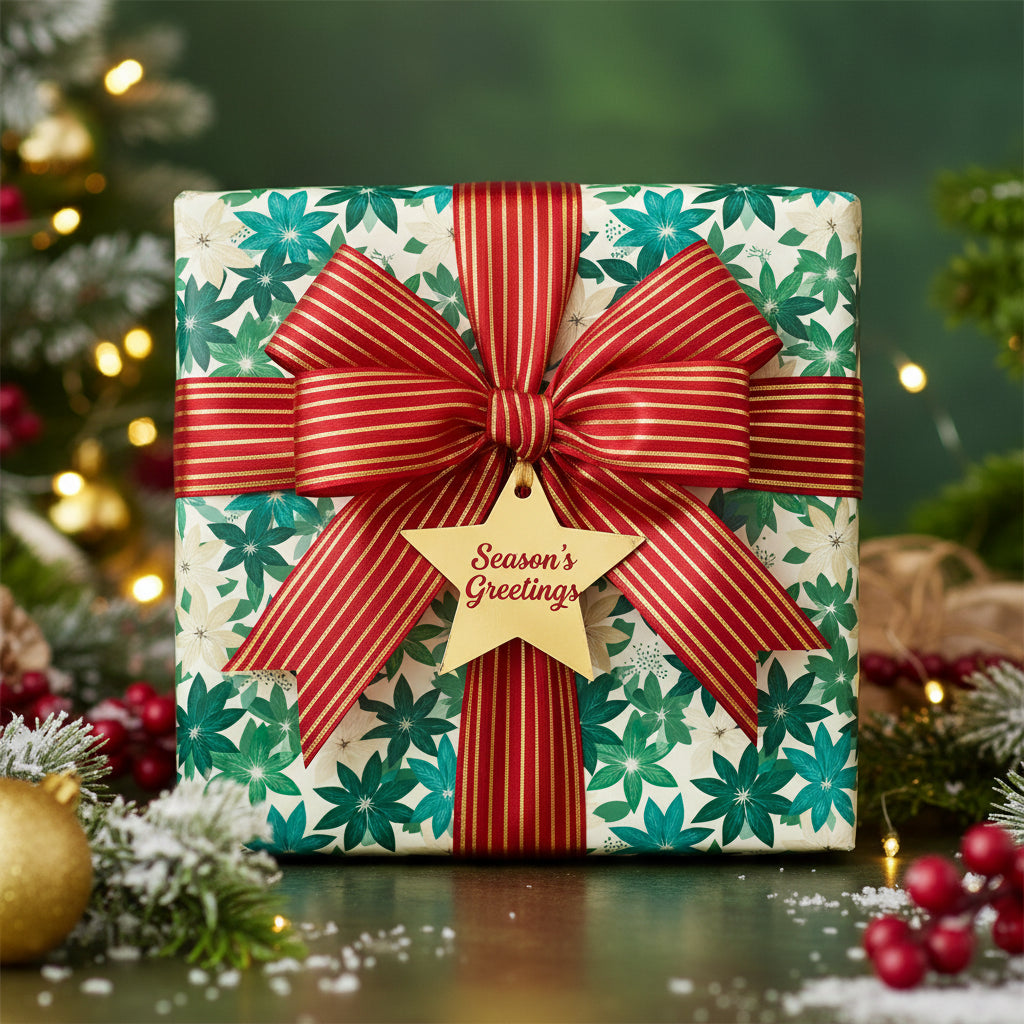 Christmas gift wrapped in floral wrapping paper with a red and gold ribbon and "Season's Greetings" star tag.