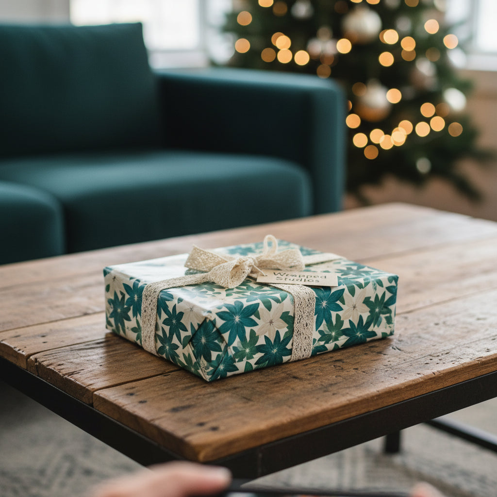 Christmas gift wrapped in floral wrapping paper with cream lace ribbon, on a rustic wood table.