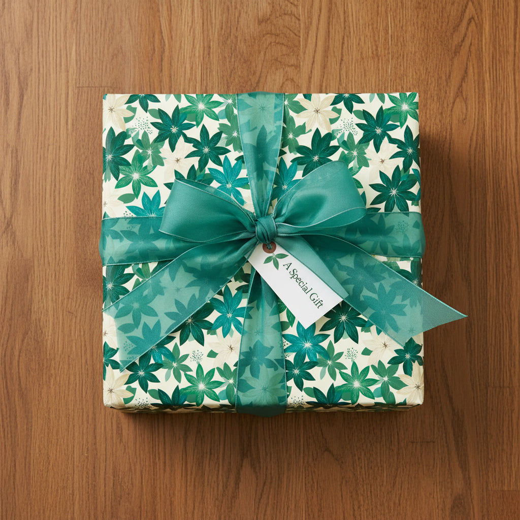 Square gift wrapped in floral wrapping paper with a sheer green ribbon, bow, and "A Special Gift" tag.