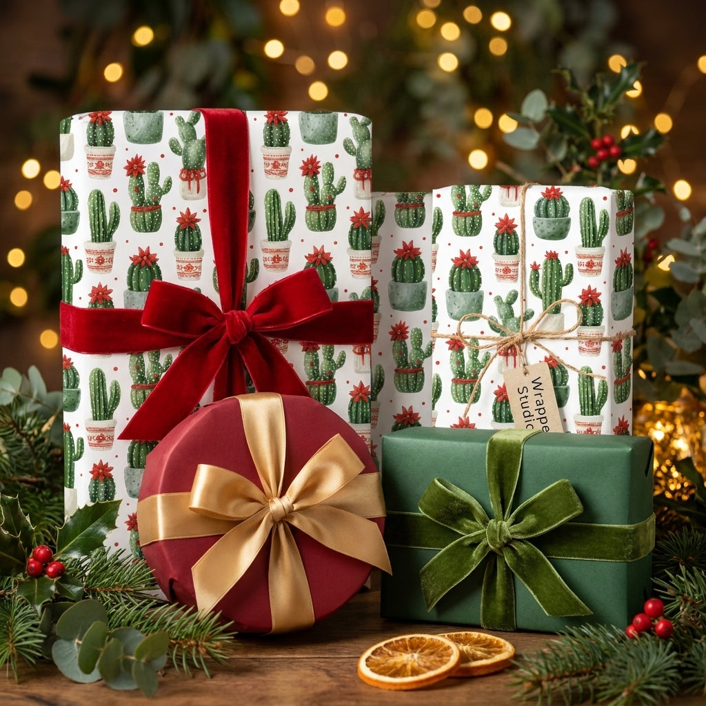 Christmas cactus wrapping paper by Wrapped Studios on holiday gifts with festive red velvet bows.