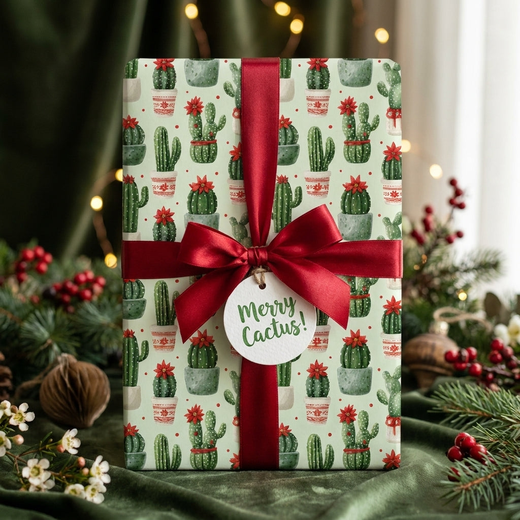 Cactus Christmas wrapping paper with a red satin bow and 'Merry Cactus' tag by Wrapped Studios.