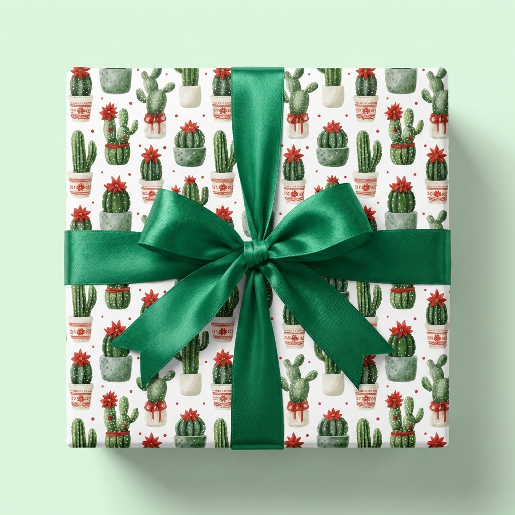 Cactus Christmas wrapping paper by Wrapped Studios on a gift box with a large emerald green satin bow.