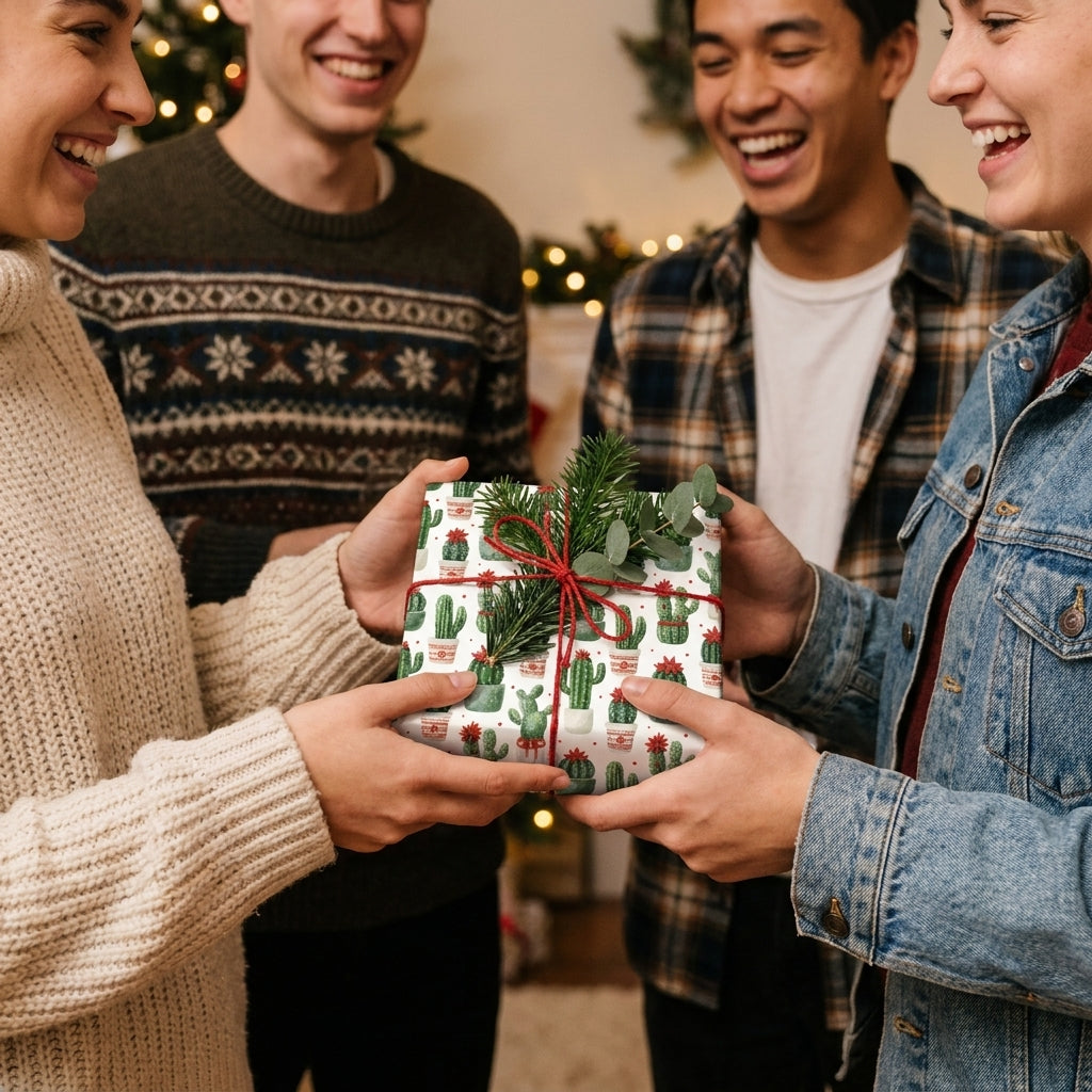 Cute cactus Christmas wrapping paper by Wrapped Studios on a holiday gift being exchanged by happy friends.