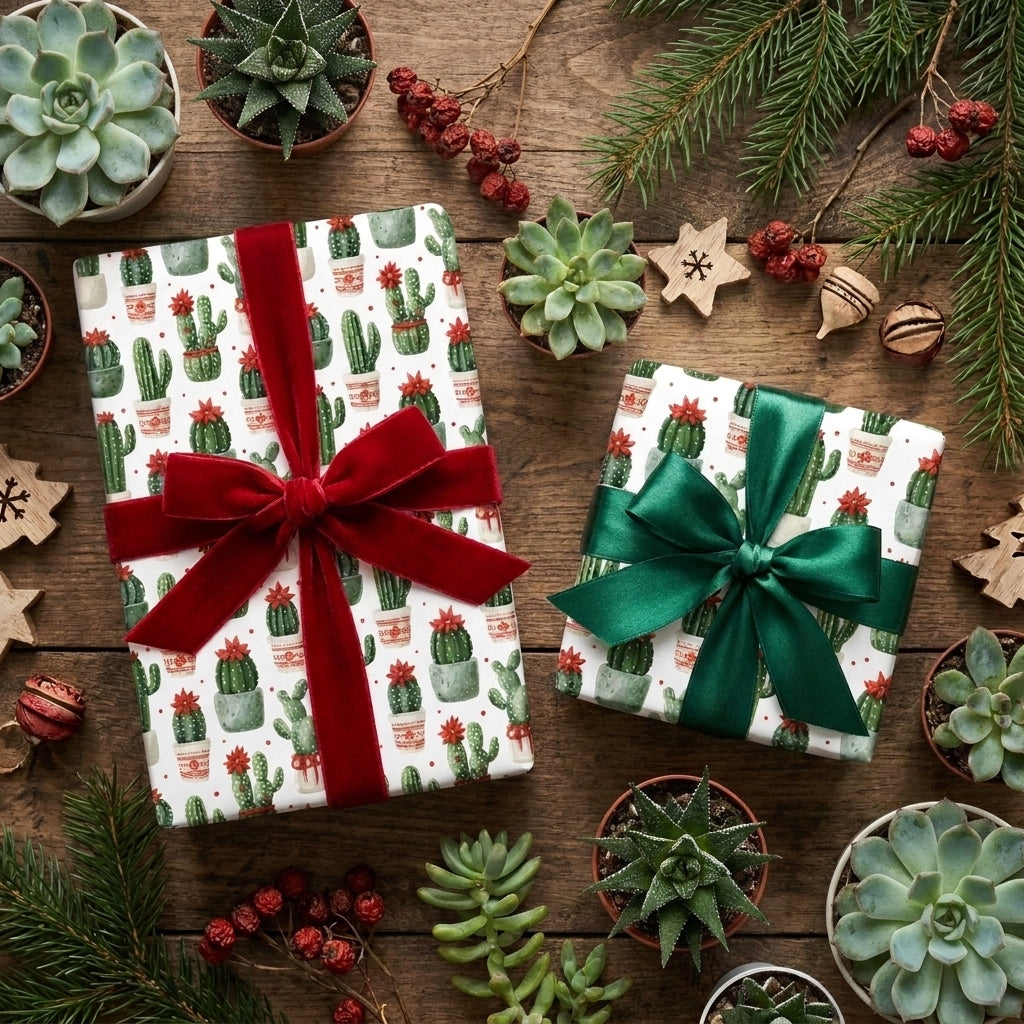 Cactus holiday wrapping paper on gifts with red velvet and green satin bows by Wrapped Studios.