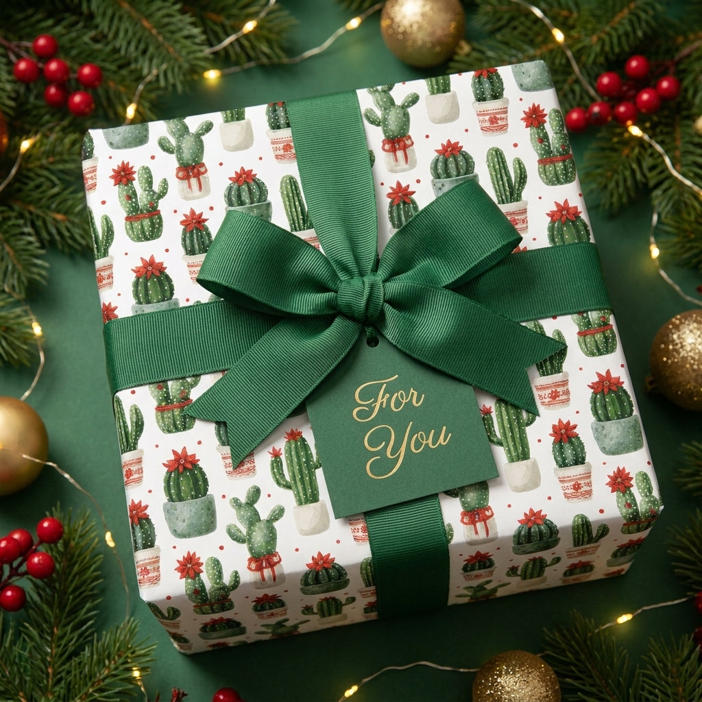 Cactus Christmas holiday gift wrap with green ribbon and "For You" tag, by Wrapped Studios.