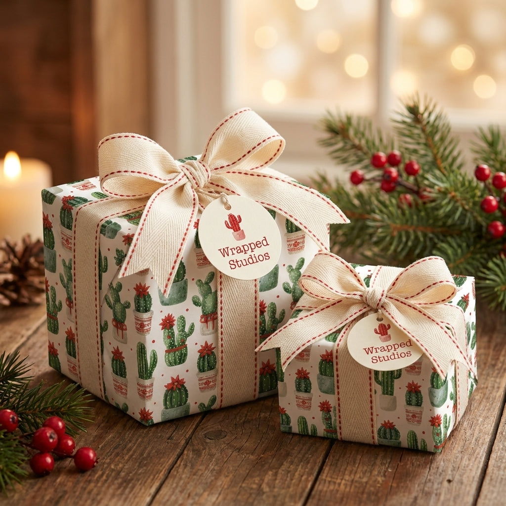 Cactus Christmas wrapping paper by Wrapped Studios on holiday gifts with rustic cream bows and berry accents.