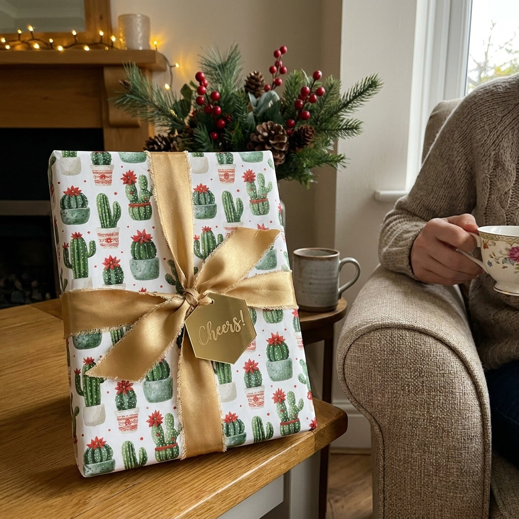Cactus Christmas wrapping paper with a gold bow by Wrapped Studios in a cozy holiday setting.