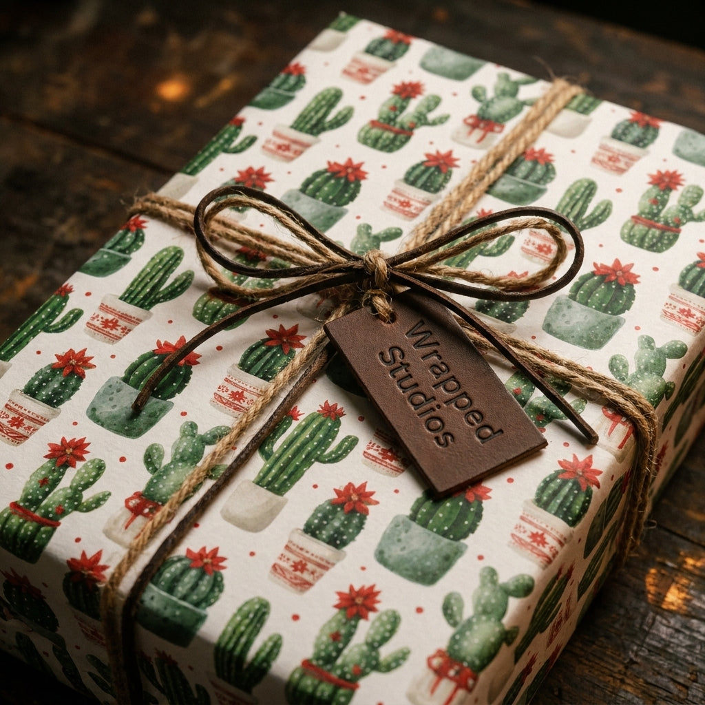Rustic Christmas cactus wrapping paper by Wrapped Studios with a twine bow on a holiday gift.