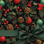 Festive Christmas wrapping paper with pine branches, ornaments, and a dark green satin bow.