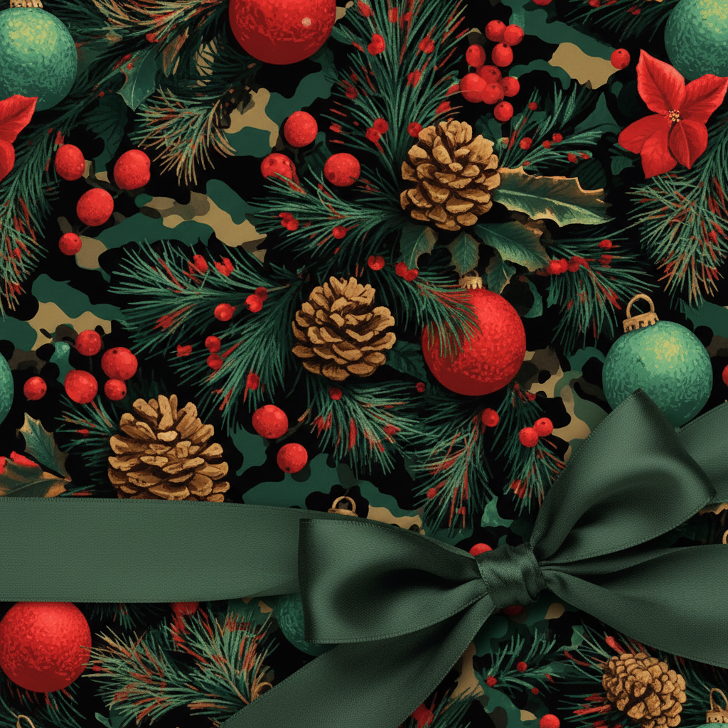 Festive Christmas wrapping paper with pine branches, ornaments, and a dark green satin bow.