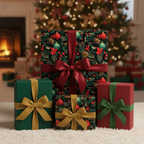 Festive Christmas gifts wrapped in elegant floral wrapping paper with red, gold, and green ribbon bows.
