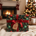 Christmas present wrapped in festive floral paper with red ribbon and "Joyful tidings" tag.