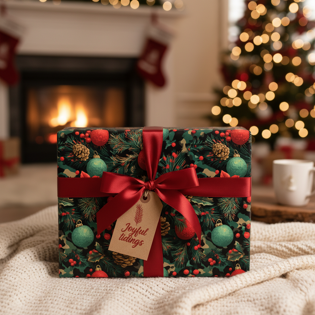 Christmas present wrapped in festive floral paper with red ribbon and "Joyful tidings" tag.