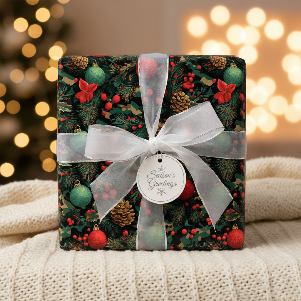 Festive Christmas gift wrap with ornament and floral pattern, tied with sheer white ribbon and a "Season's Greetings" tag.