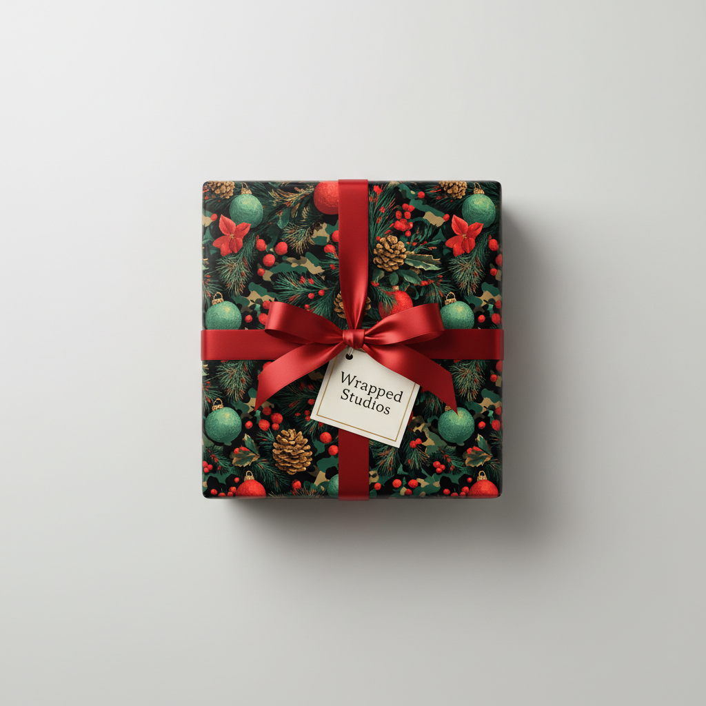 Square gift wrapped in festive floral Christmas wrapping paper with red satin ribbon bow.