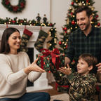 Family exchanging a Christmas gift wrapped in elegant floral holiday wrapping paper with red ribbon.