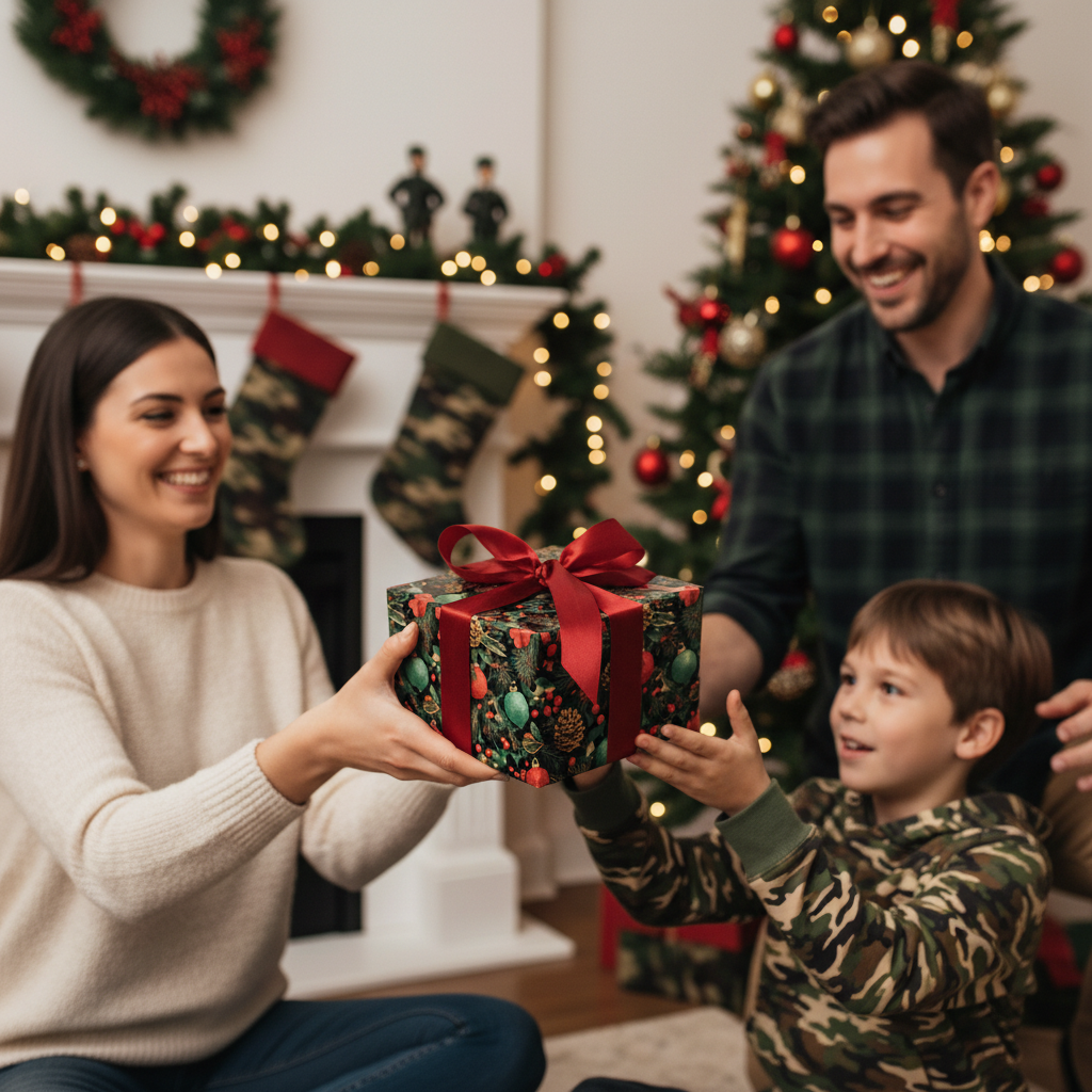 Family exchanging a Christmas gift wrapped in elegant floral holiday wrapping paper with red ribbon.