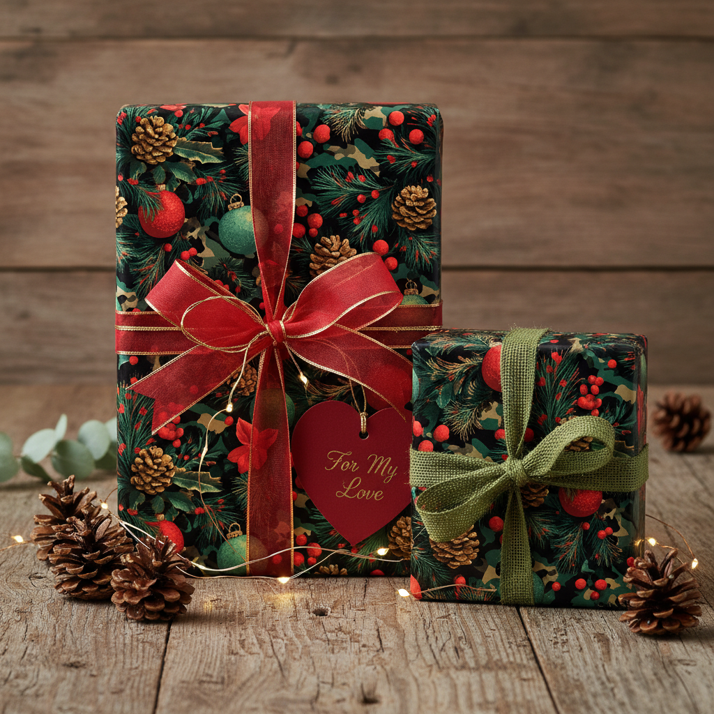 Christmas gift wrap: Presents with pinecone, ornament pattern, red sheer ribbon and "For My Love" tag on rustic wood.