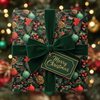 Luxury Christmas gift wrap with a green velvet ribbon, pine cone and ornament pattern, and "Merry Christmas" tag.