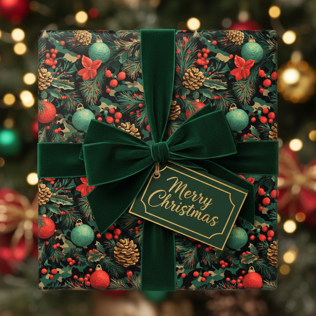 Luxury Christmas gift wrap with a green velvet ribbon, pine cone and ornament pattern, and "Merry Christmas" tag.