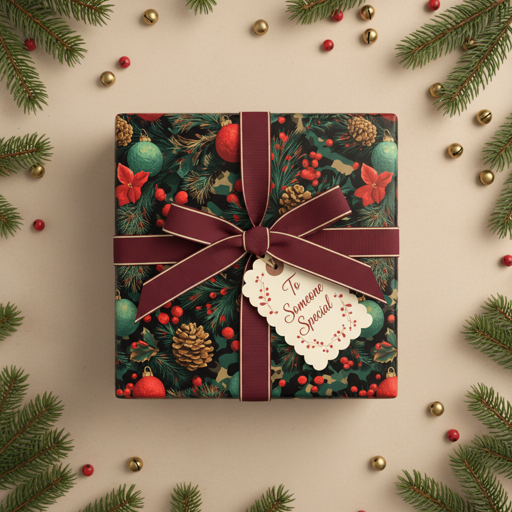 Christmas gift wrapped in festive floral wrapping paper with burgundy ribbon and "To Someone Special" tag.
