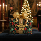 Elegant Christmas gift wrapped in floral print paper with gold ribbon and "Happy Holidays" tag.