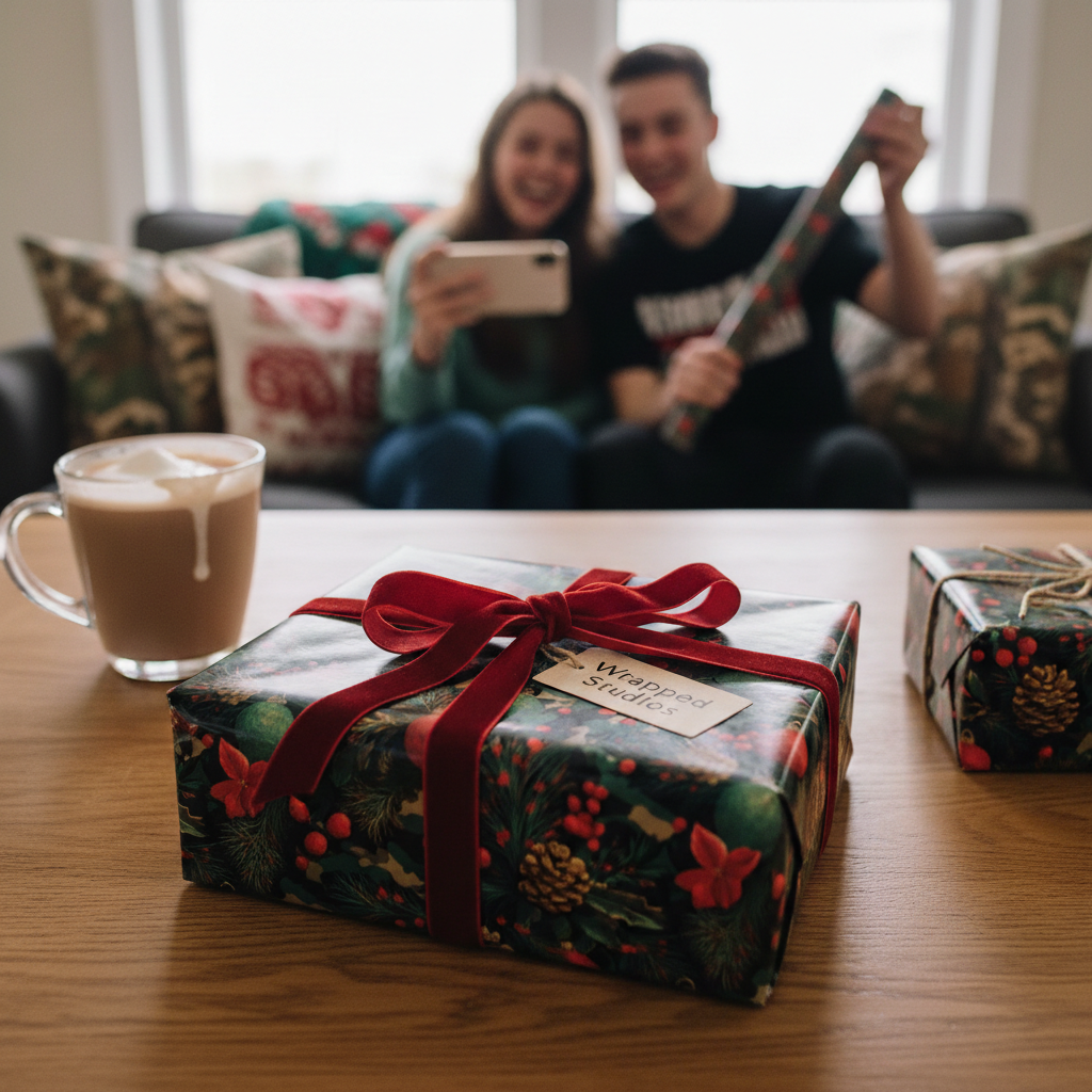 Festive Christmas gift wrap with red velvet ribbon on a present, family sharing the moment.