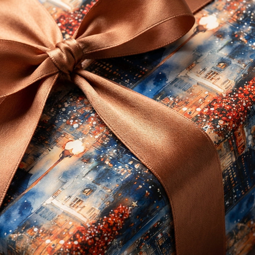 Elegant watercolor city scene wrapping paper with bronze ribbon.
