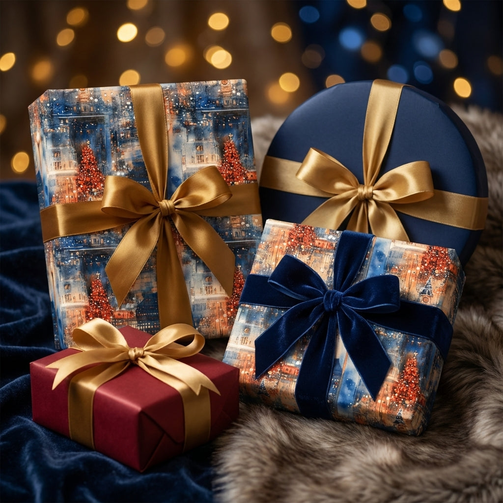 Luxury Christmas gift wrap featuring a winter cityscape pattern and elegant ribbon bows.