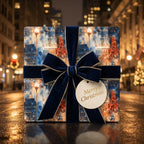 Elegant Christmas gift wrap with a cityscape pattern and a blue velvet ribbon.