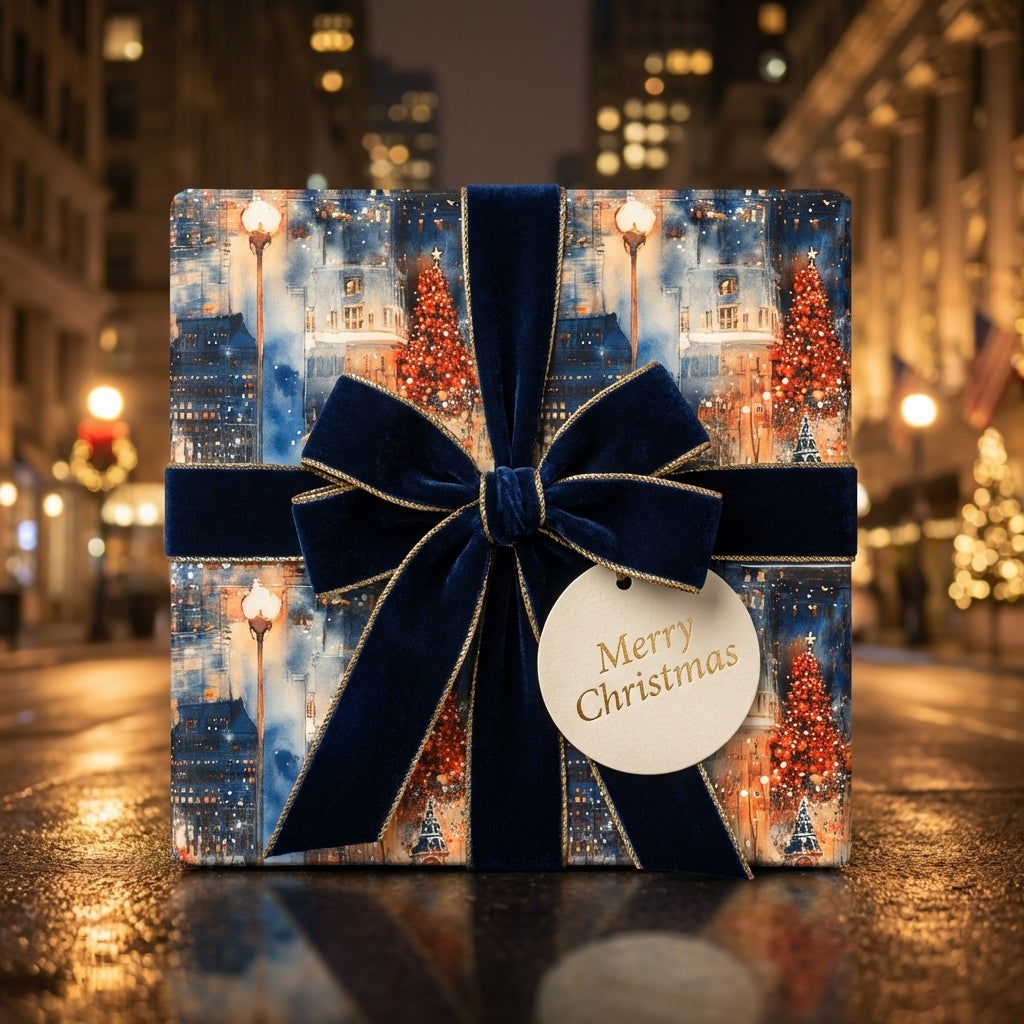 Elegant Christmas gift wrap with a cityscape pattern and a blue velvet ribbon.