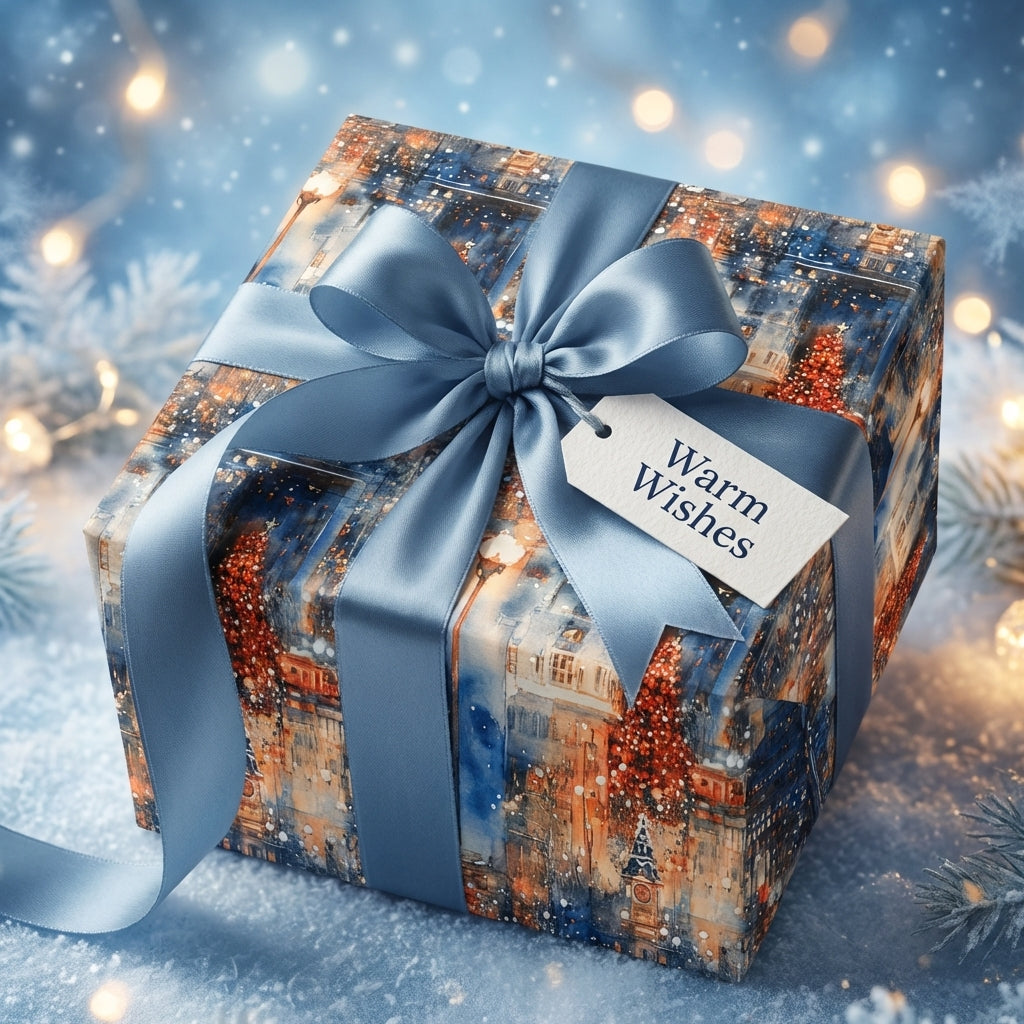 Elegant Christmas gift wrap featuring a city street pattern and a blue satin bow by Wrapped Studios.