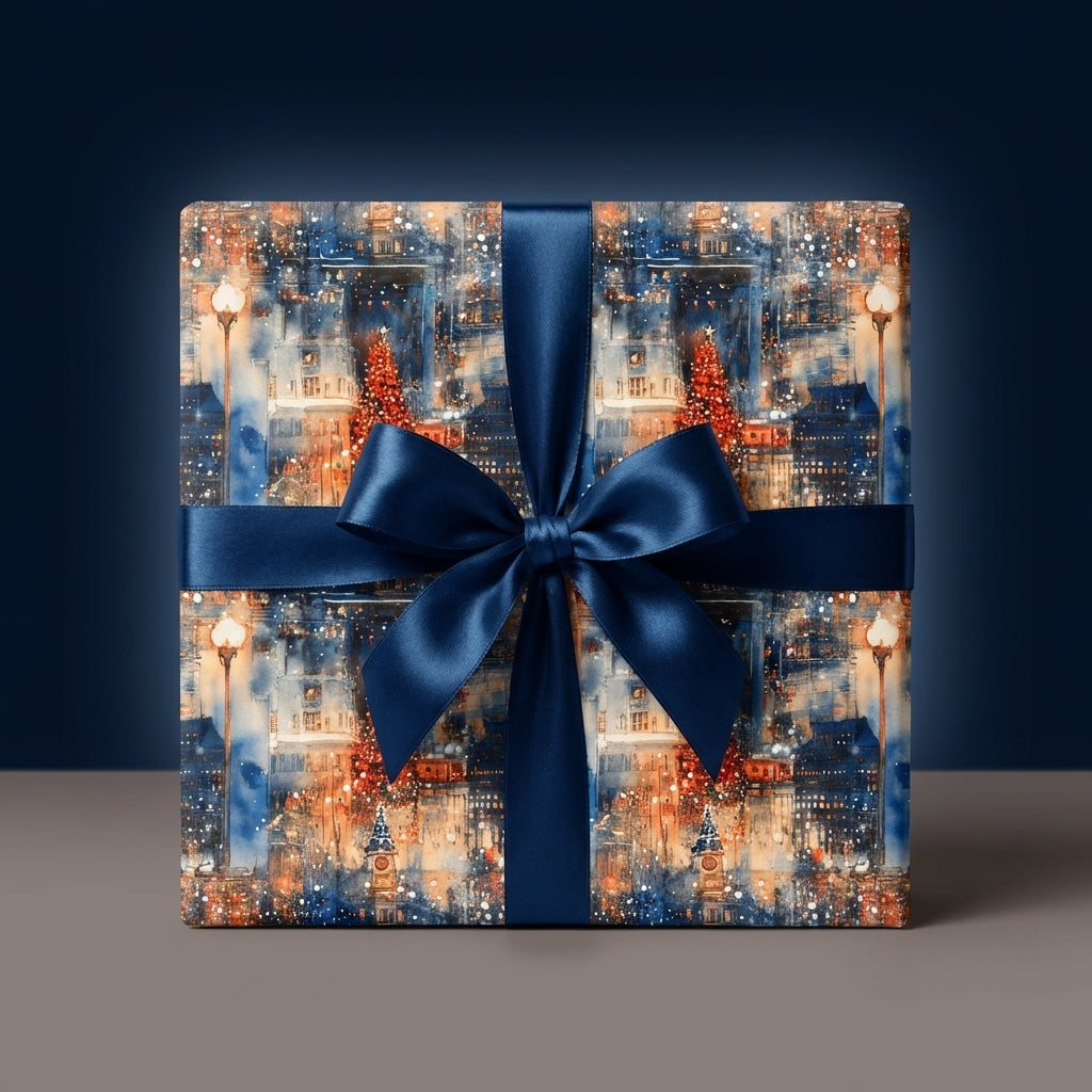Christmas gift wrap featuring a snowy London cityscape pattern and navy ribbon.