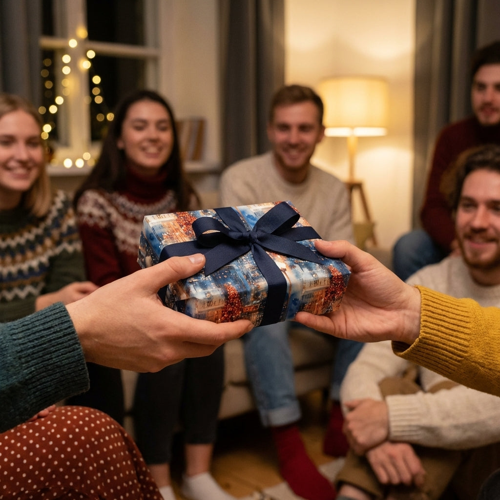 Christmas gift exchange with modern city-themed wrapping paper and navy ribbon.