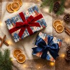 Elegant Christmas gift wrap featuring a city scene, tied with red velvet and navy satin ribbons.